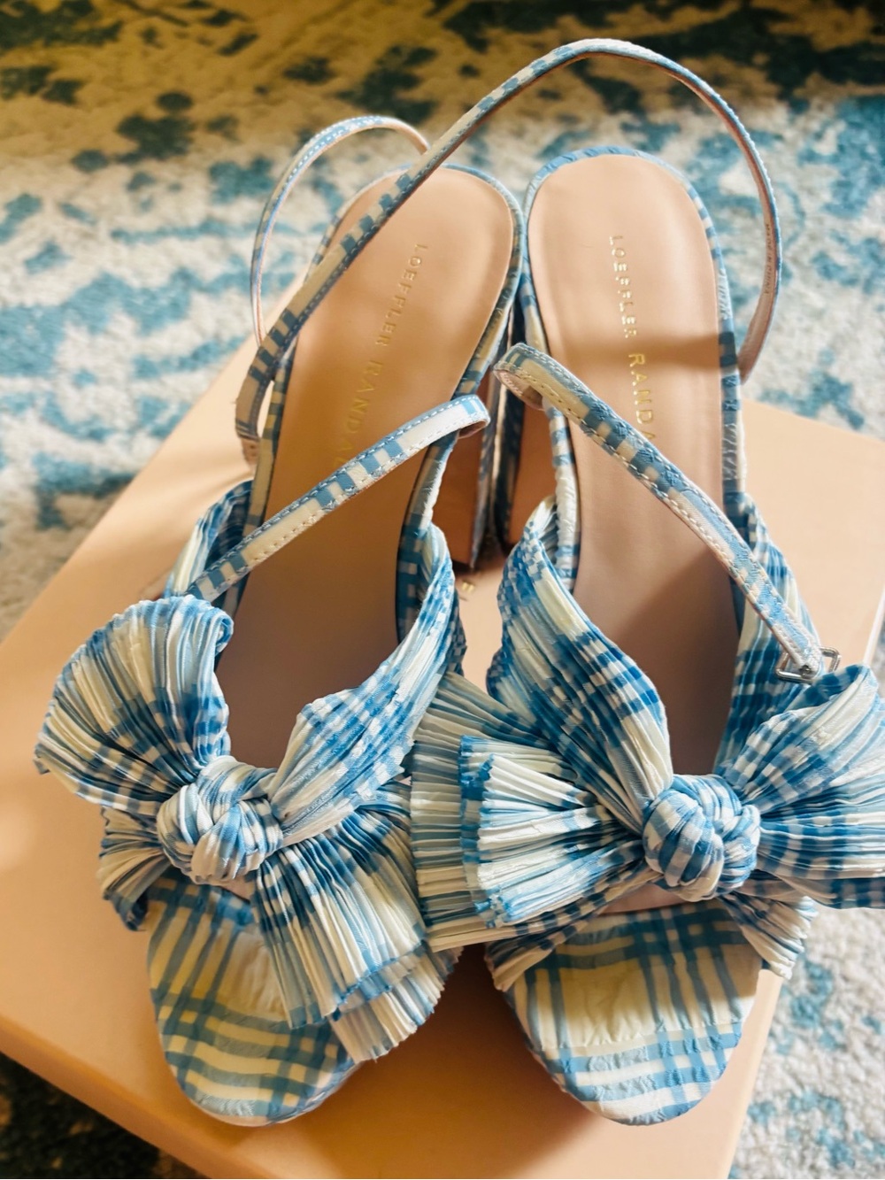 Loeffler Randall Blue & White Plaid Bow Slingback Heels